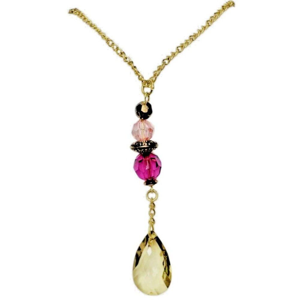 VTG Yellow Icy Glass Teardrop Pendant Necklace 36” Formal Lariat Grannycore
